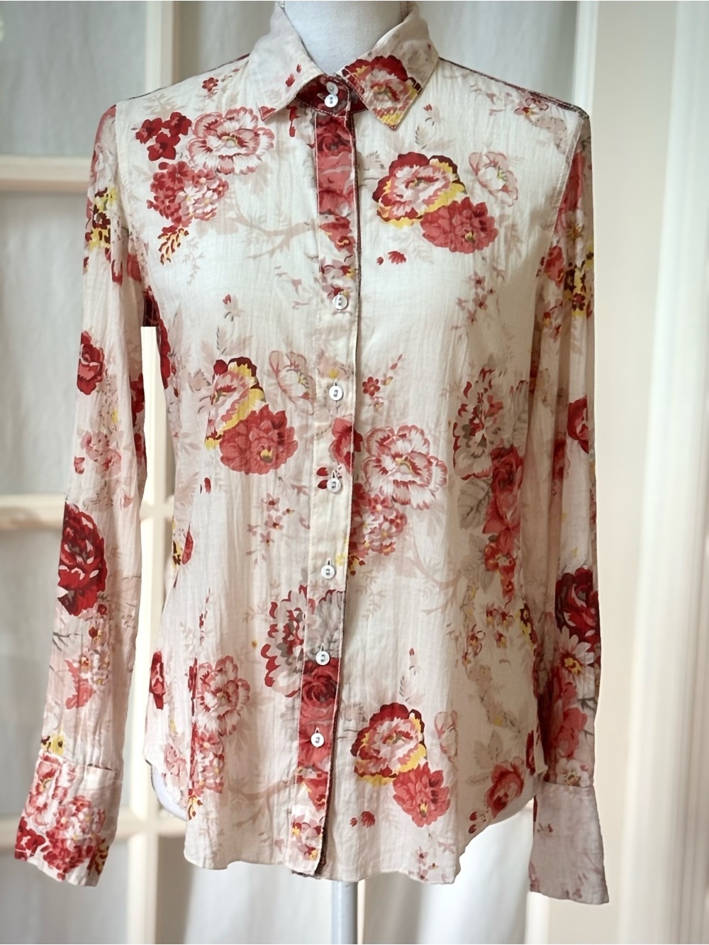 Cino NWT Floral Crinkle Cotton Button Front Shirt Paisley Trim XXS
